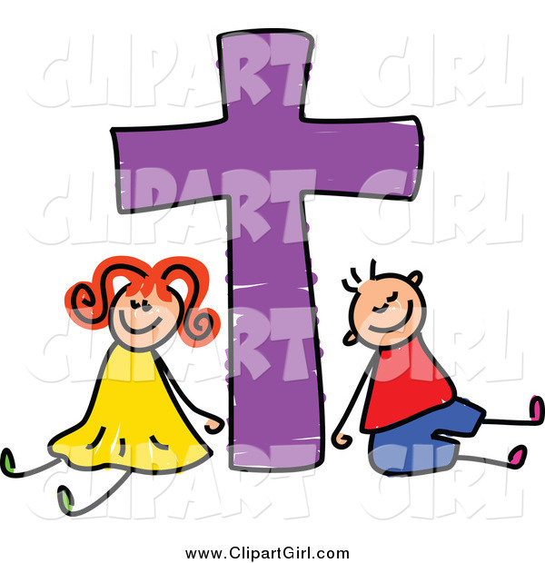 Clip Art of a Happy Boy and Girl with a Purple Cross