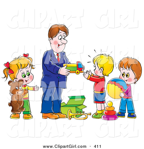 Clip Art of a Happy Father Giving Toys and Gifts to His Children