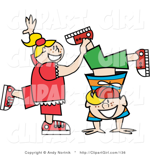 Clip Art of a Happy Freckled Blond Little Girl Helping Her Twin Brother Do a Handstand