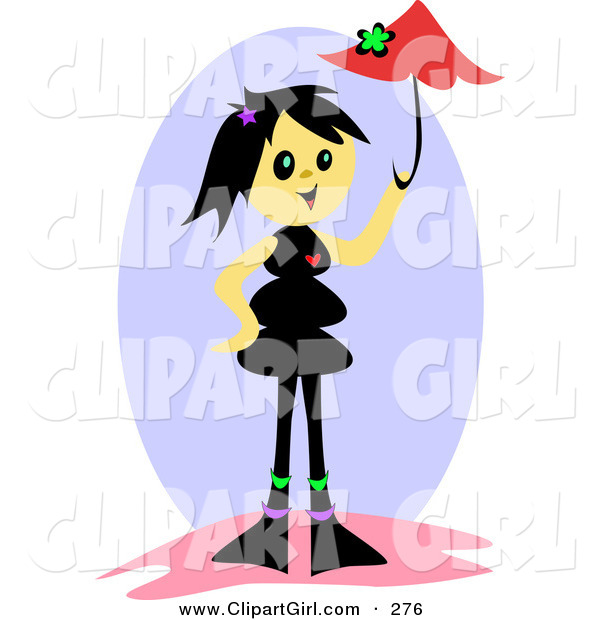 Clip Art of a Happy Girl with Black Hair, Holding a Red Umbrella Overhead