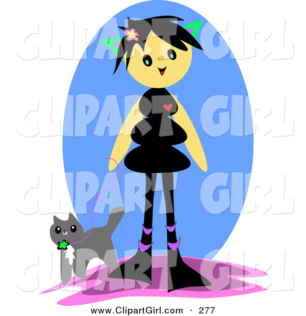 Clip Art of a Happy Girl with Black Hair, Walking Her Cat on a Leash on a Blue Oval