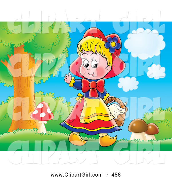 Clip Art of a Happy Little Smiling Girl, Red Riding Hood, Picking Mushrooms near the Forest