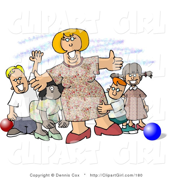 Clip Art of a Happy Preschool Teacher Woman Standing with Children at a Daycare