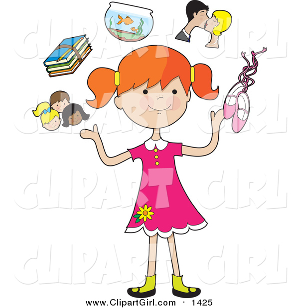 Clip Art of a Happy Red Haired White Girl Juggling Her Friends, School Books, Goldfish, Parents and Ballet Slippers