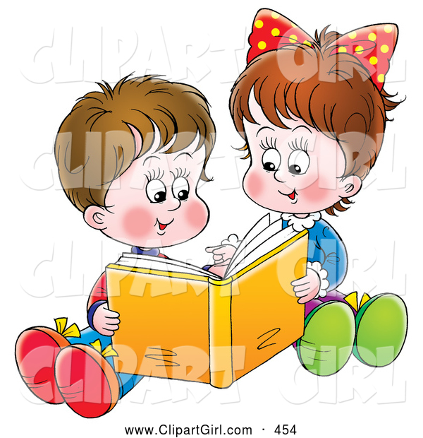 Clip Art of a Happy Sister and Brother Sitting on the Ground and Reading a Book Together
