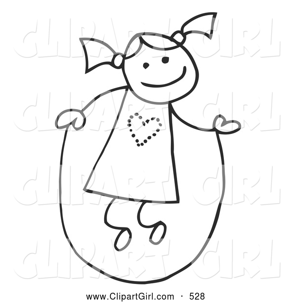 Clip Art of a Happy Stick Figure Girl with Her Hair in Pig Tails, Jumping Rope