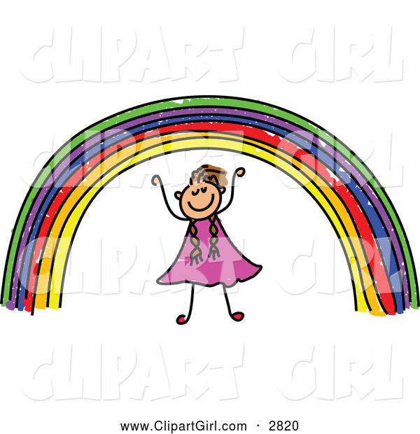 Clip Art of a Happy Stick Girl Under a Rainbow