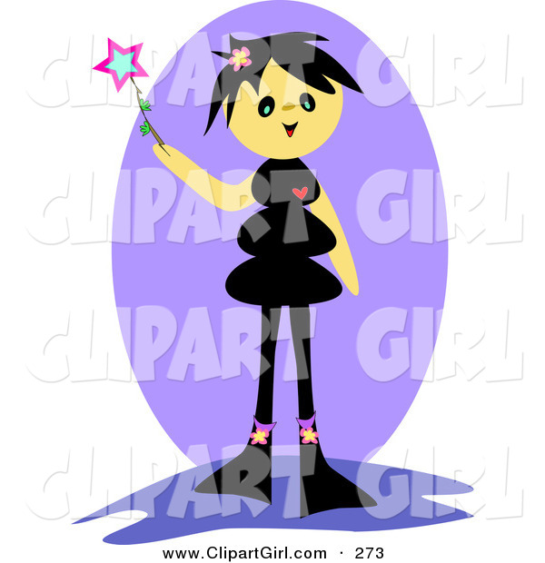 Clip Art of a Happy Tan Girl with Black Hair, Holding up a Magic Wand with a Star