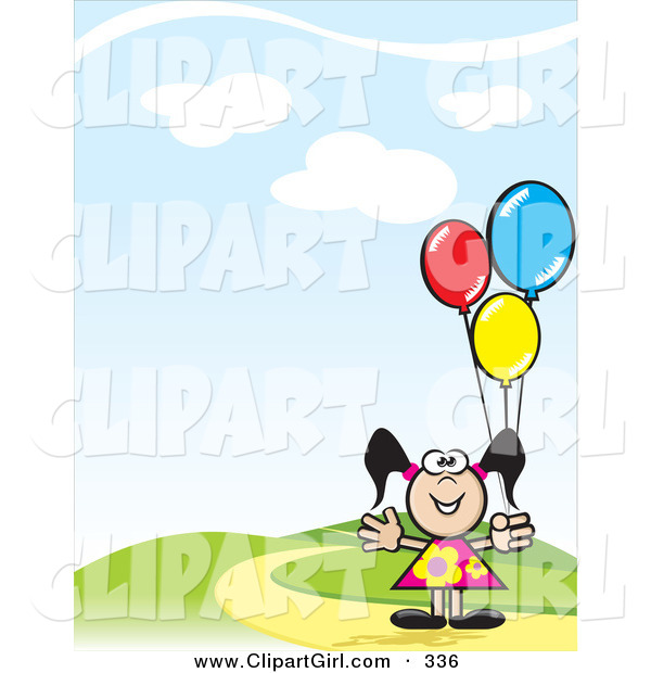 Clip Art of a Happy Young Girl in a Floral Dress, Holding Colorful Balloons and Standing on a Hill