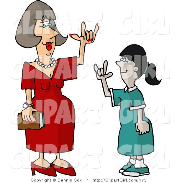 Clip Art of a Hearing Impaired Teacher Using Sign Language to Communicate with a Student