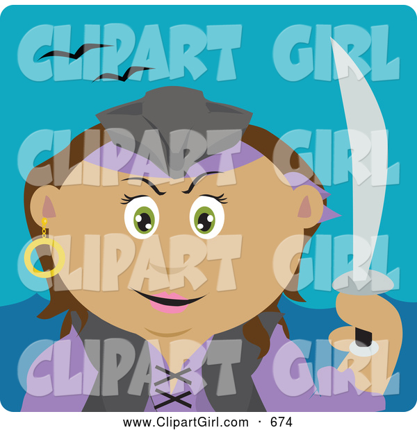 Clip Art of a Latin American Pirate Woman Holding a Sword, on a Teal Background