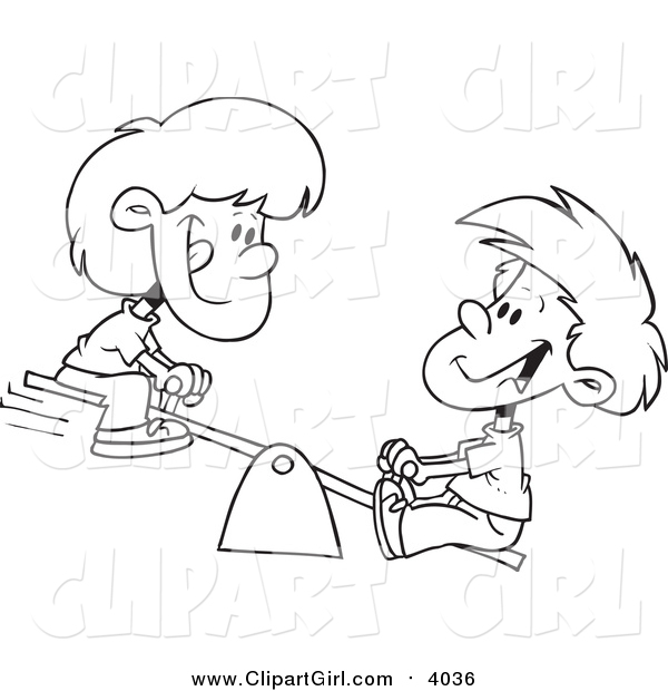 Clip Art of a Lineart Boy and Girl on a Teeter Totter