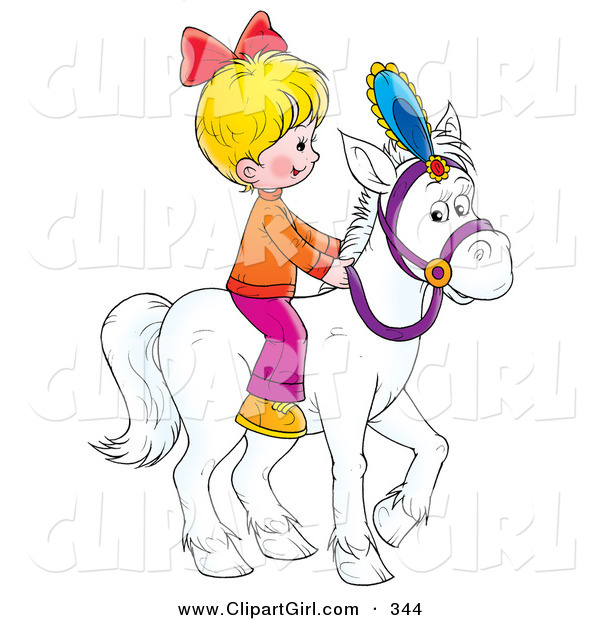 Clip Art of a Little Blond Girl Riding a White Horse to the Right