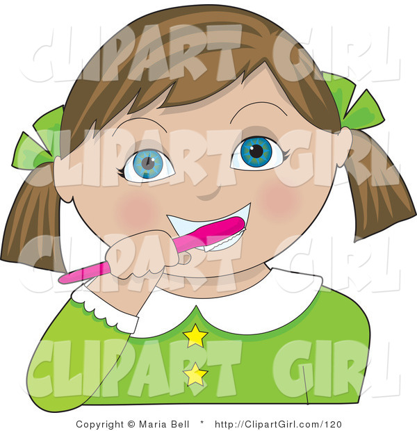 Clip Art of a Little Blue Eyed Girl with Her Brunette Hair in Pig Tails, Tied Back with Green Bows, Wearing a Green Dress and Brushing His Teeth with a Pink Toothbrush