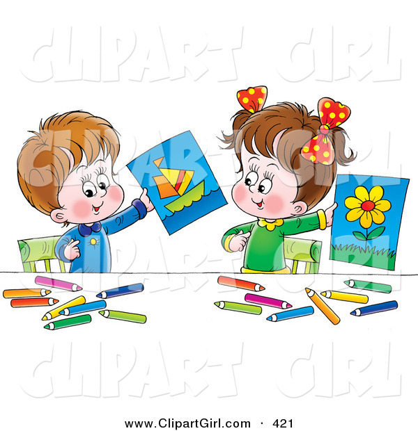 Clip Art of a Little Boy and Girl Holding up Their Drawings of a Flower and Boat, on White