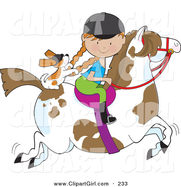 Clip Art of a Little Caucasian Girl Riding a Painted Pony with a Cavalier King Charles Spaniel Sitting Behind Her, Holding on to Her Braids