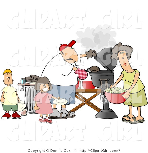 Clip Art of a Man and His Wife with Their Son and Daughter Grilling Barbecue Hamburgers
