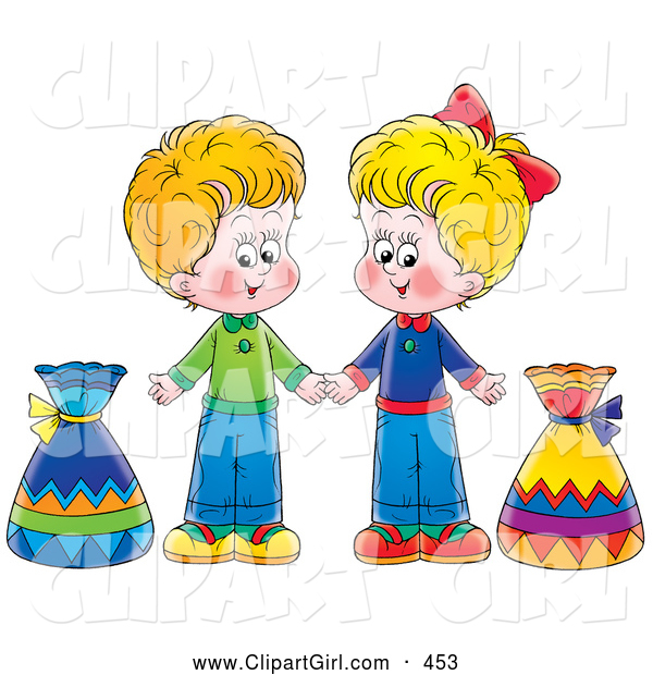Clip Art of a Pair of Little Boy and Girl Holding Hands and Standing with Bags