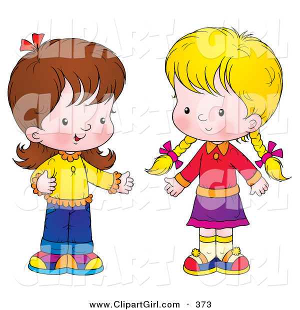 Clip Art of a Pair of Little Girls Standing Together and Talking