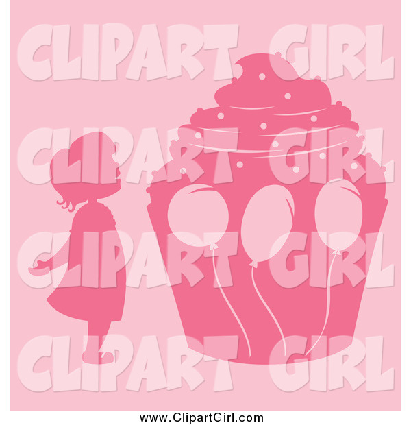 Clip Art of a Pink Silhouetted Girl and Giant Birthday Cupcake with Balloons