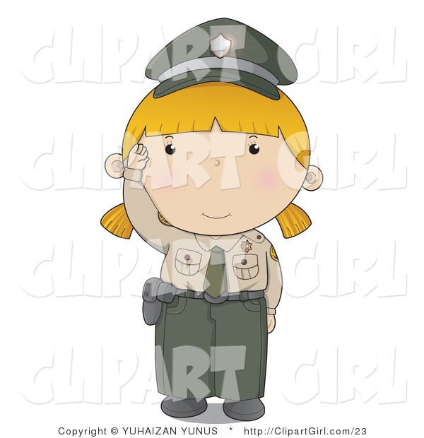 Clip Art of a Policewoman in a Green and Tan Uniform Waving Hello