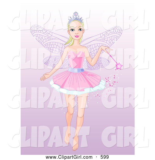 Clip Art of a Pretty and Friendly Fairy Princess Flying with a Magic Wand, on a Gradient Purple Background
