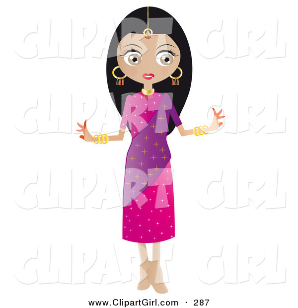 Clip Art of a Pretty Black Haired Indian Bollywood Female in a Pink and Purple Dress