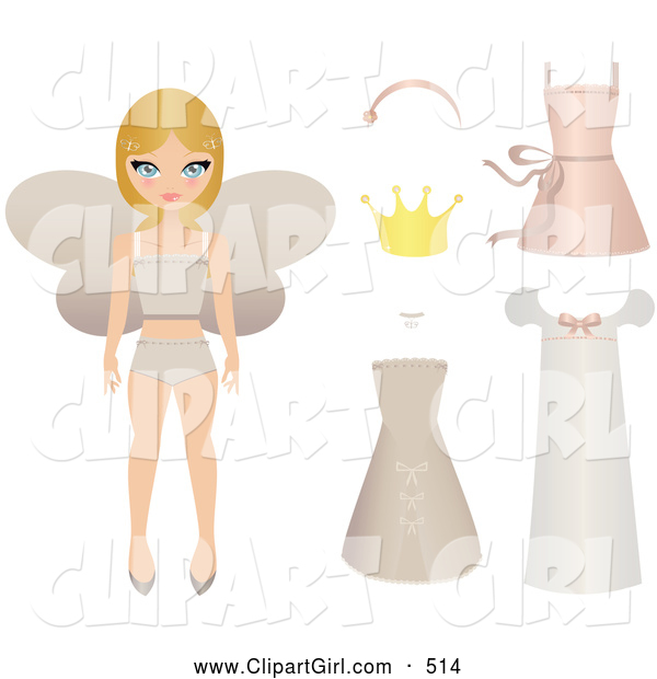 Clip Art of a Pretty Blond Fairy Princess Paper Doll in Her Undergarments, with a Crown, Dresses and Accessories