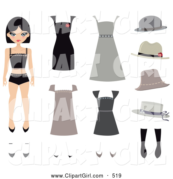 Clip Art of a Pretty Caucasian Girl, a Paper Doll, with Shoes, Hats and Dresses