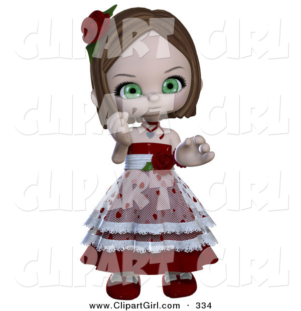 Clip Art of a Realistic 3D Rendered Green Eyed White Valentine Girl in a Heart Dress with Roses