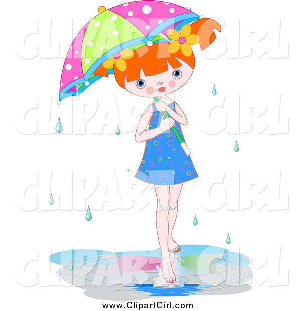 Clip Art of a Red Haired Little Girl in a Puddle Under an Umbrella