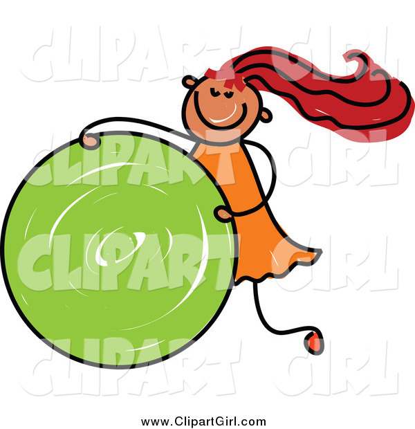 Clip Art of a Red Haired Stick Girl Rolling a Green Circle