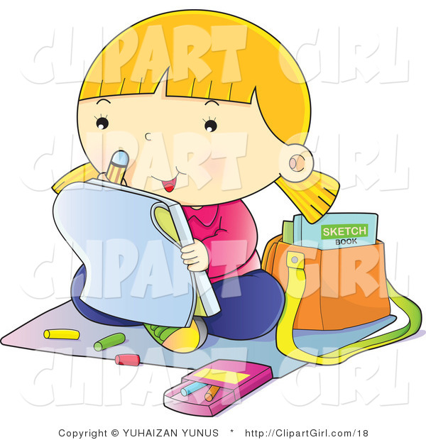Clip Art of a School Girl Coloring - Royalty Free