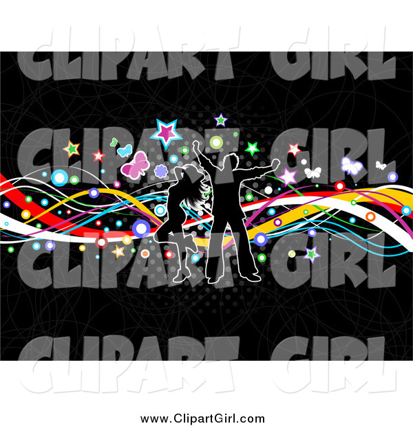 Clip Art of a Silhouetted Couple Dancing over Colorful Waves, Stars, Butterflies and Halftone over Black
