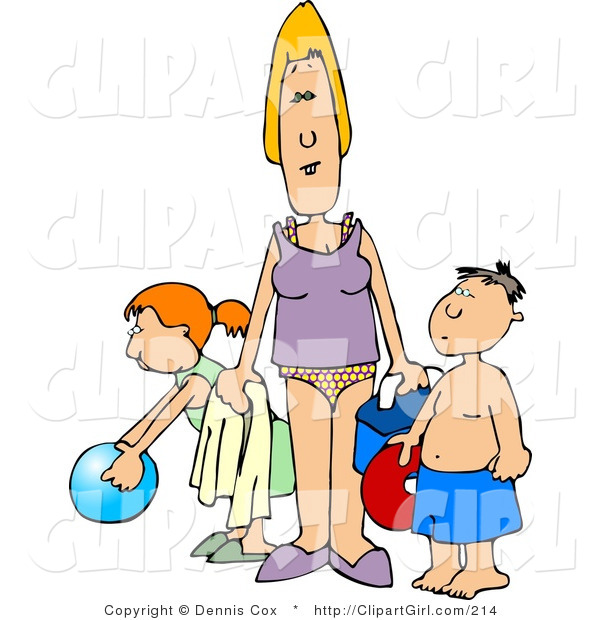Clip Art of a Single Mother Trying to Have Fun at the Beach with Her Children