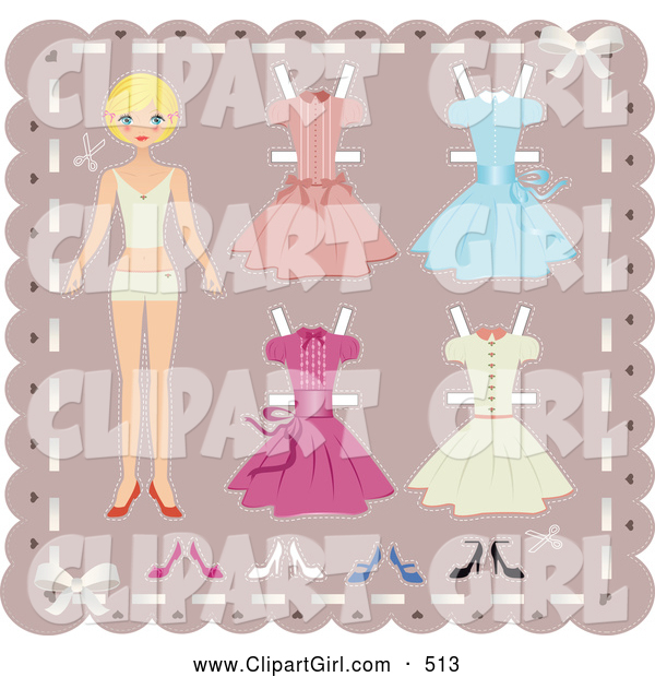 Clip Art of a Skinny Blond Teenage Girl Paper Doll on a Pink Background with Cutout Dresses and Shoes