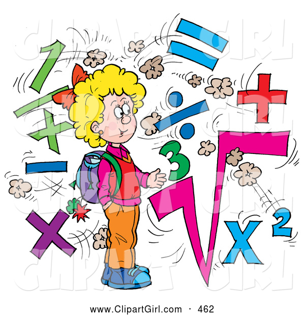 Clip Art of a Smart Smiling School Girl Surrounded by Math Symbols
