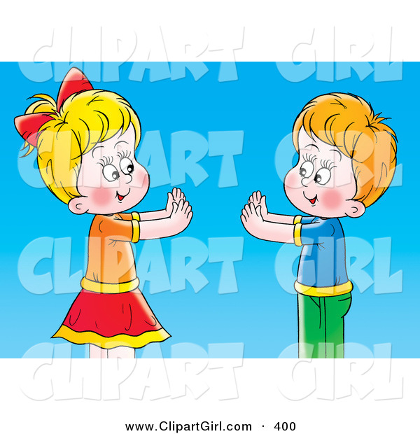 Clip Art of a Smiling Boy and Girl Playing Pat a Cake over a Blue Background
