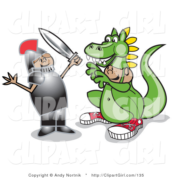 Clip Art of a Smiling Girl in a Knights Armour, Holding a Sword and Playing a Drama with a Boy in a Dragon Suit
