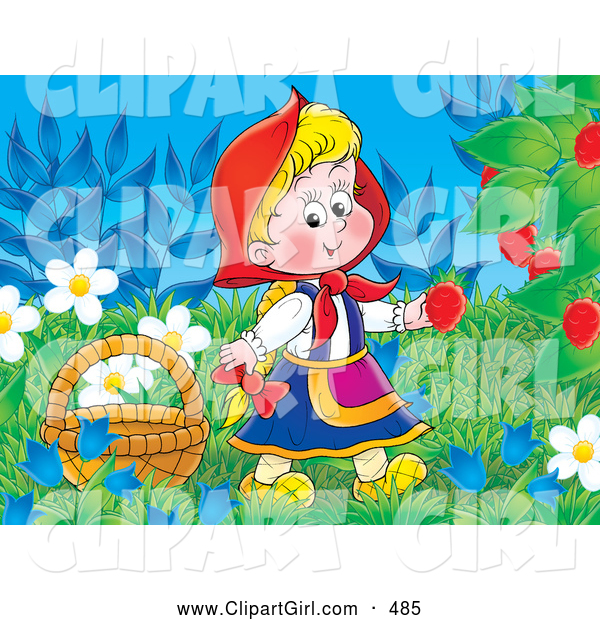 Clip Art of a Smiling Girl, Little Red Riding Hood, Picking Raspberries from the Bush