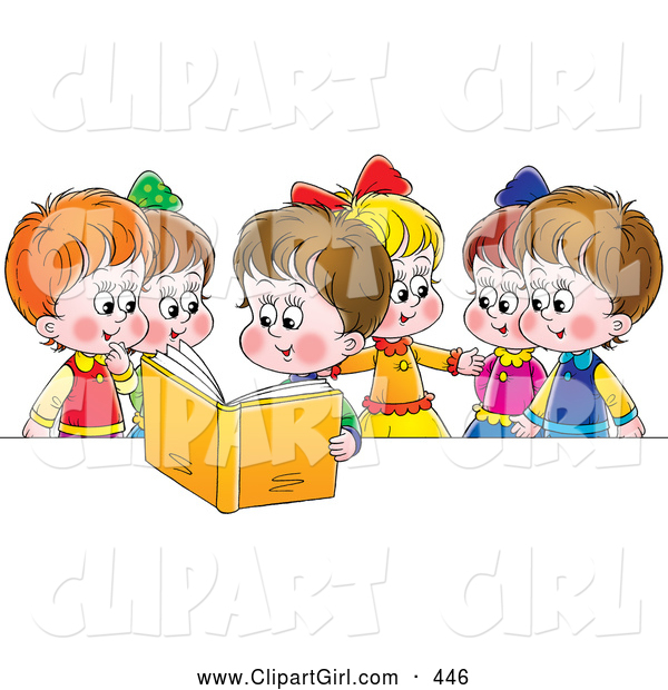 Clip Art of a Smiling Girl Reading a Book out Loud to Her Friends