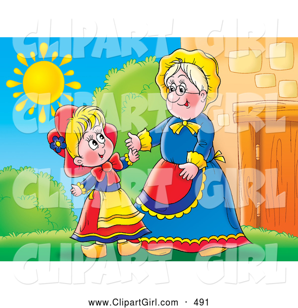 Clip Art of a Smiling Grandmother Greeting Her Grand Daughter Outside on a Sunny Day