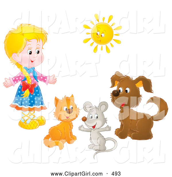 Clip Art of a Smiling Little Blond Girl with a Cat, Mouse and Dog Under a Sun