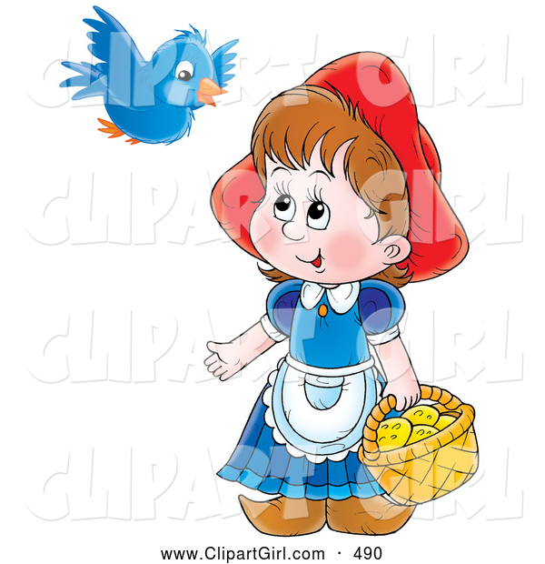 Clip Art of a Smiling Little Red Riding Hood Carrying a Basket of Cookies and Talking to a Blue Bird