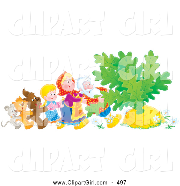 Clip Art of a Smiling Mouse, Cat, Dog, Girl, Woman and Man Trying to Pull a Giant Carrot or Turnip out of the Ground