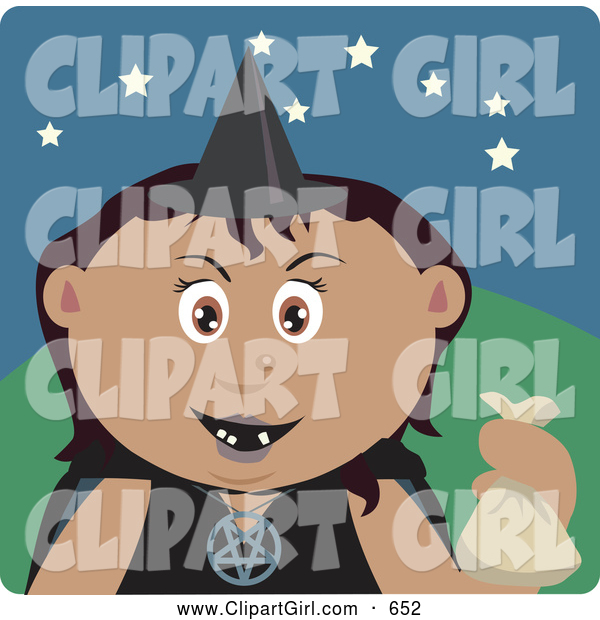 Clip Art of a Spooky Latin American Girl Trick or Treating on Halloween in a Witch Costume