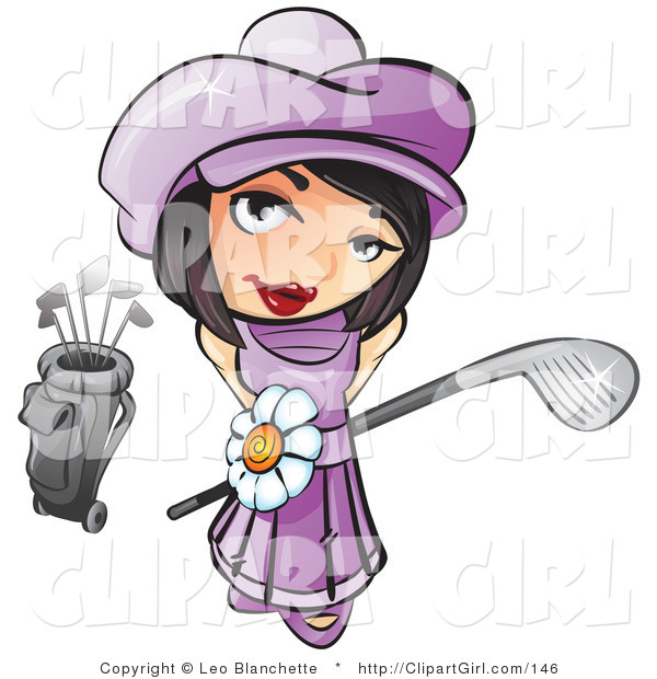 Clip Art of a Sweet and Adorable Short Haired Brunette Girl in a Purple Hat and Dress with a White Daisy Belt, Looking up and Holding a Golf Club