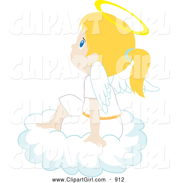 Clip Art of a Thinking Innocent Blond Caucasian Angel Girl Sitting on a Cloud