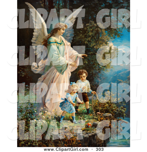 Clip Art of a Touching Vintage Valentine of a Female Guardian Angel Watching over Two Little Children As They Play with a Ball and Hoop at the Edge of a Cliff, Circa 1890