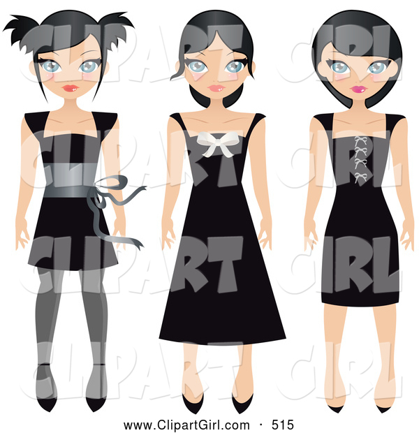 Clip Art of a Trio of Black Haired Teen Girls in Different Styled Black Dresses, on a White Background